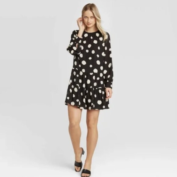 Who‎ What Wear Macro Painted Dot Dress Black Off-White Sheer Sleeves NWT 1X! - Picture 2 of 4